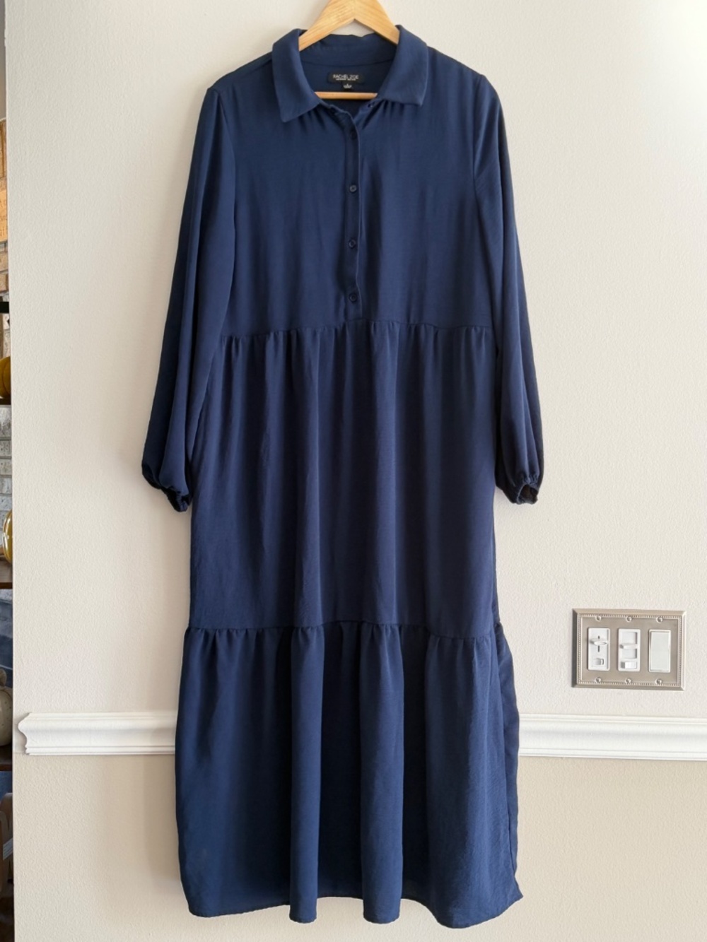 Rachel Zoe Midi Dress Tiered Skirt Navy Blue Long Sleeve Button Bodice Relaxed - Picture 2 of 16